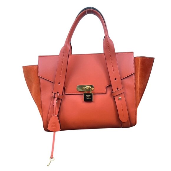 Escada Tropical Orange Leather Suede Adjustable Strap W Padlock Women Tote Sz M - Picture 1 of 16